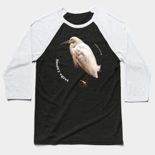 Snowy egret tropical bird pin white text Baseball T-Shirt